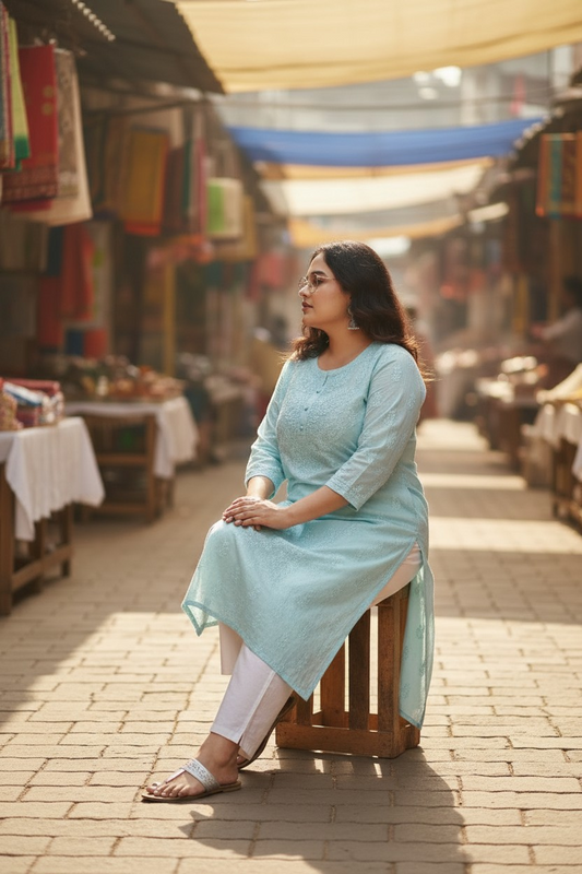 Sea Green Muslin Chikankari Kurti 1pc | Hand Embroidered