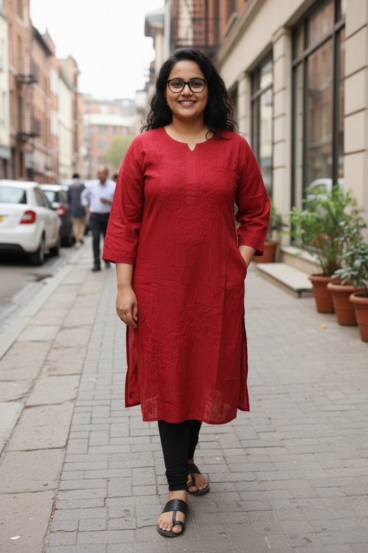 Blood Red Muslin Chikankari Kurti 1pc | Handmade