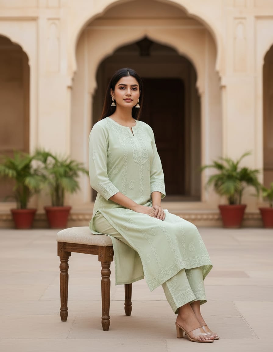 Pastel Green Georgette Chikankari 2pc | Handmade