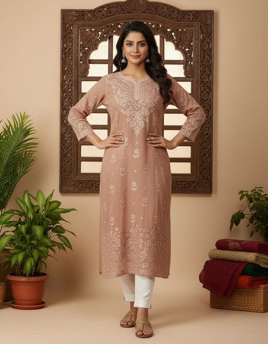 Peach Georgette Jaal Chikankari Kurti 1pc| Handmade