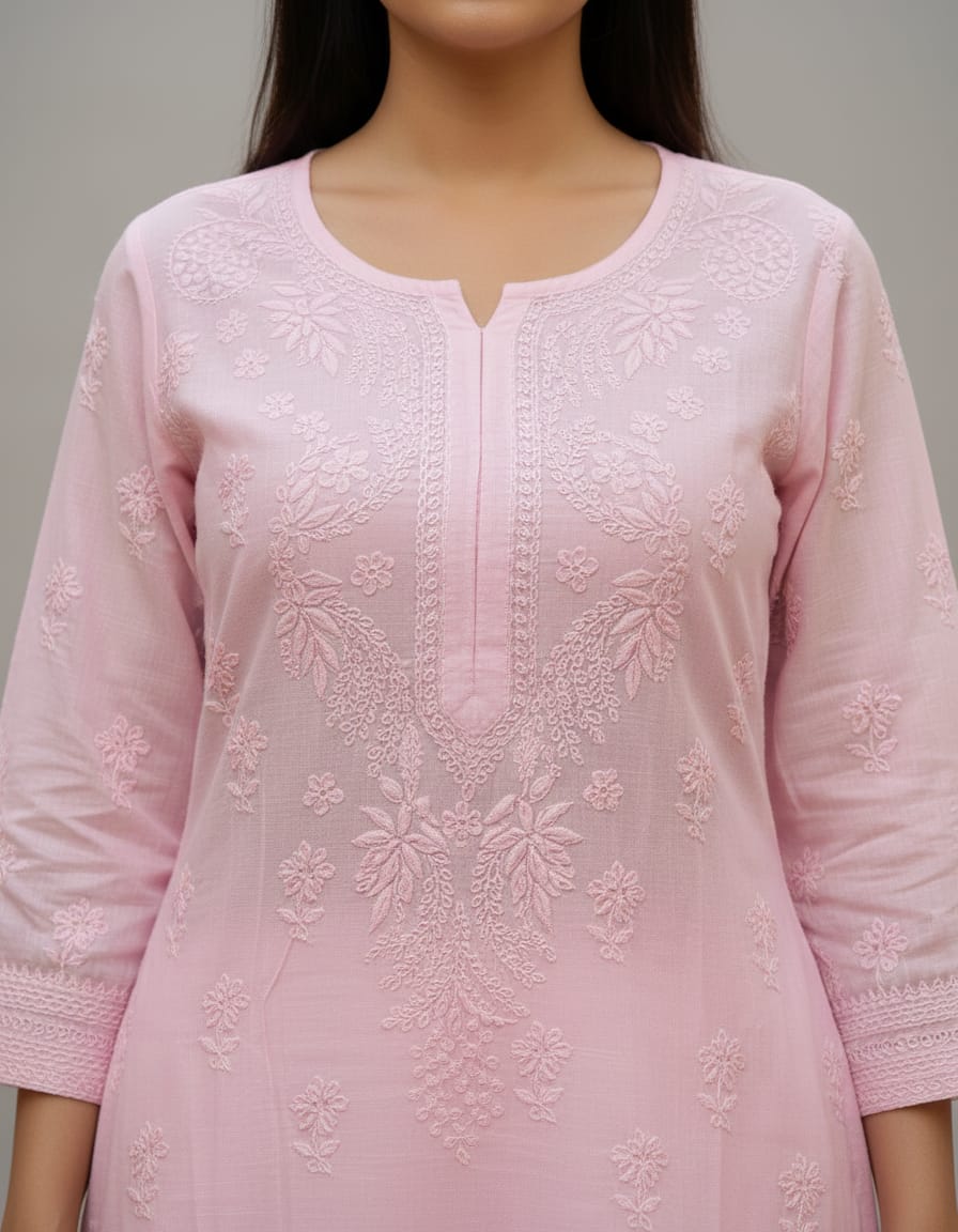 Baby Pink Muslin Chikankari 1 pc Kurti | Hand Embroidered