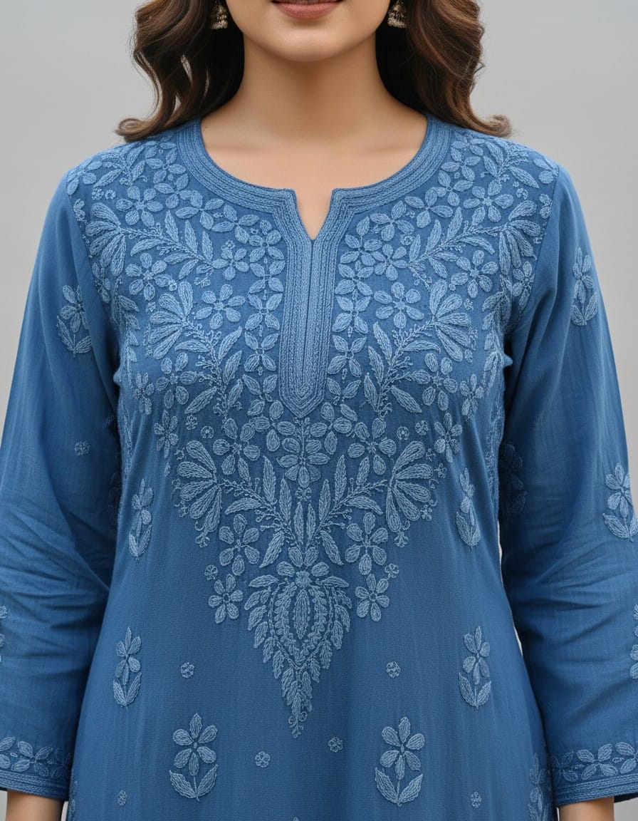 Blue Georgette Chikankari Kurti 1Pc| Hand Embroidered