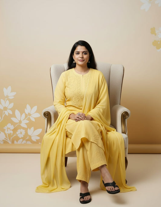 Mustard Yellow Chanderi Silk 3pc | Chikankari Handmade