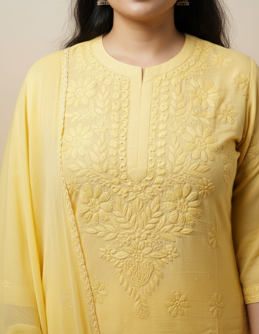 Mustard Yellow Chanderi Silk 3pc | Chikankari Handmade