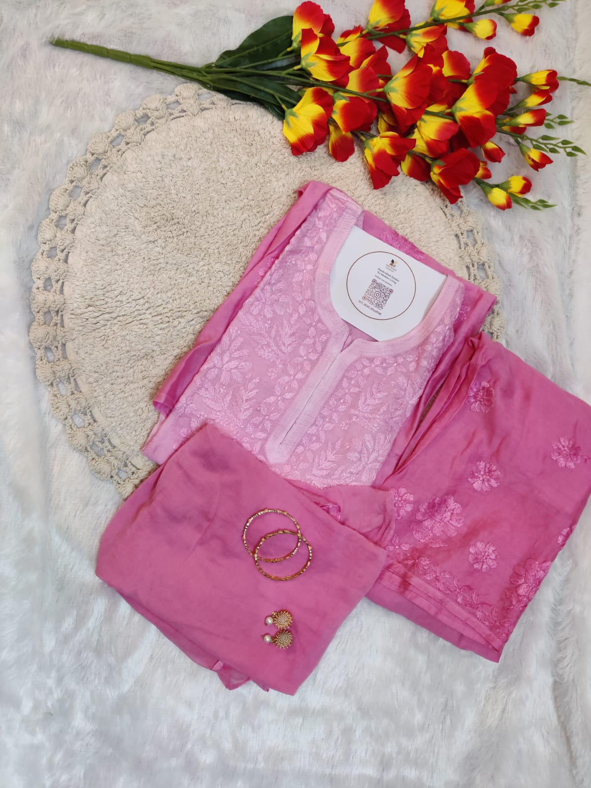 Baby Pink Chanderi Silk 3pc Set | Chikankari Handmade