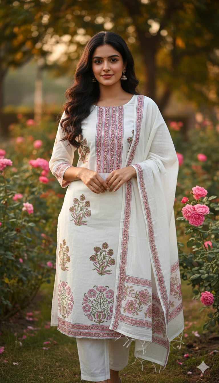 Cream Floral Hand-Print 3-Piece Set