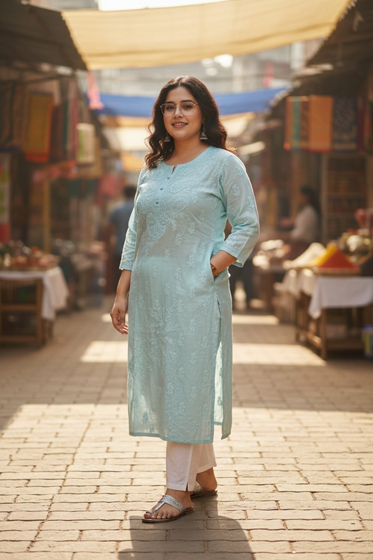 Sea Green Muslin Chikankari Kurti 1pc | Hand Embroidered