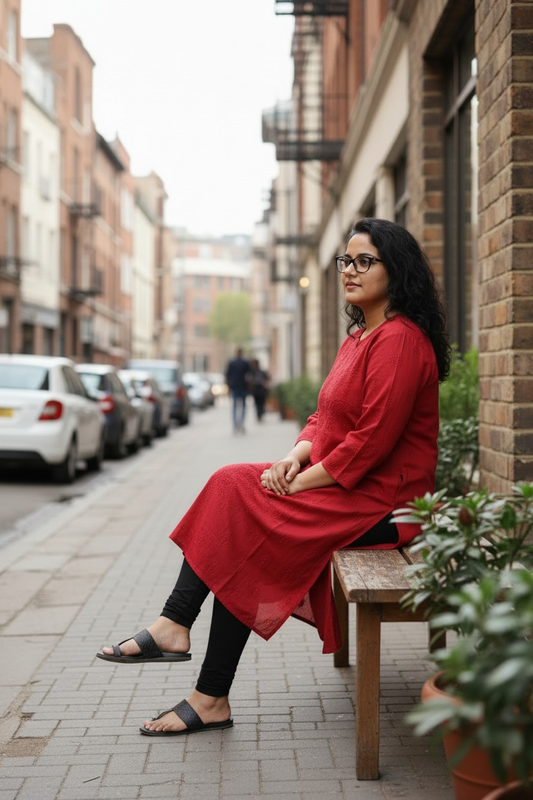 Blood Red Muslin Chikankari Kurti 1pc | Handmade