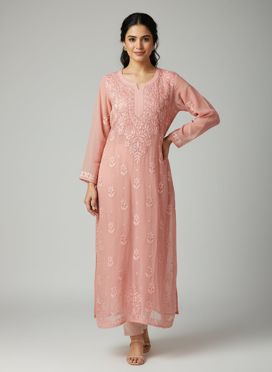 Peach Pure Georgette Chikankari Kurti with Jaal Work