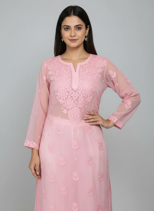 Peach Pure Georgette Chikankari Kurti with Jaal Work