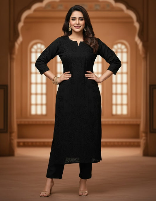 Black Chanderi Silk Chikankari Set 3pc