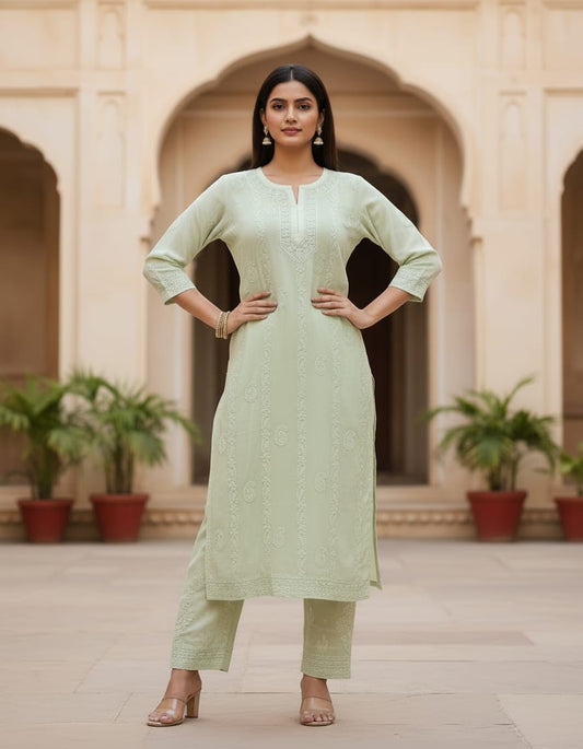 Pastel Green Georgette Chikankari 2pc | Handmade