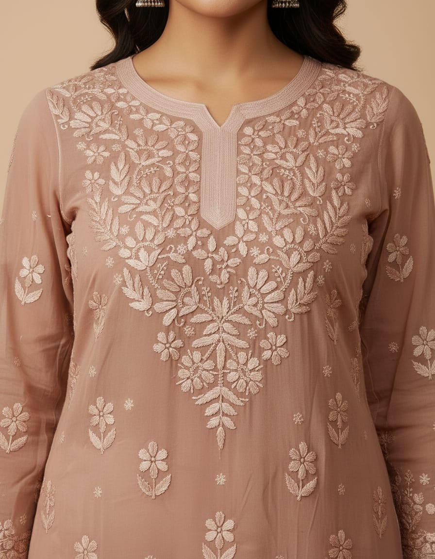 Peach Georgette Jaal Chikankari Kurti 1pc| Handmade