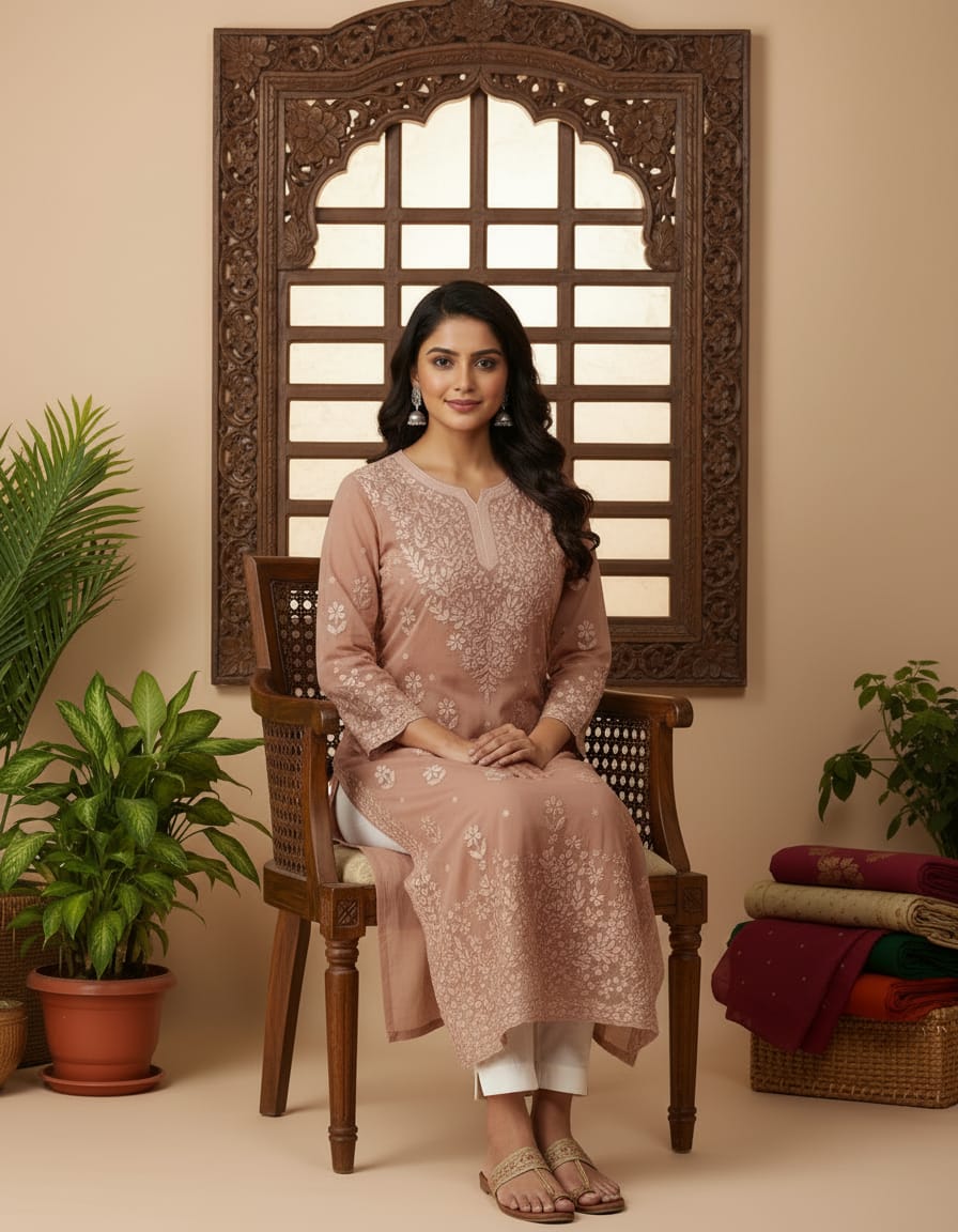 Peach Georgette Jaal Chikankari Kurti 1pc| Handmade