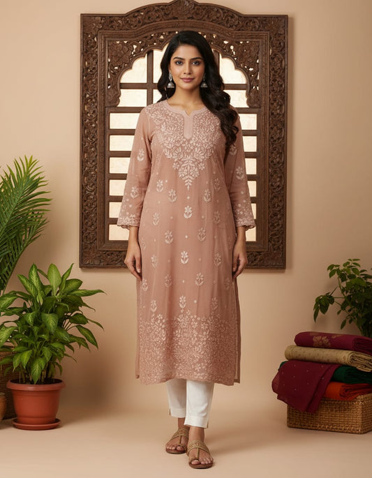 Peach Georgette Jaal Chikankari Kurti 1pc| Handmade