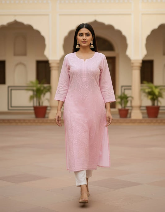 Baby Pink Muslin Chikankari 1 pc Kurti | Hand Embroidered