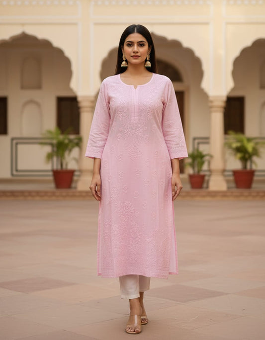 Baby Pink Muslin Chikankari 1 pc Kurti | Hand Embroidered