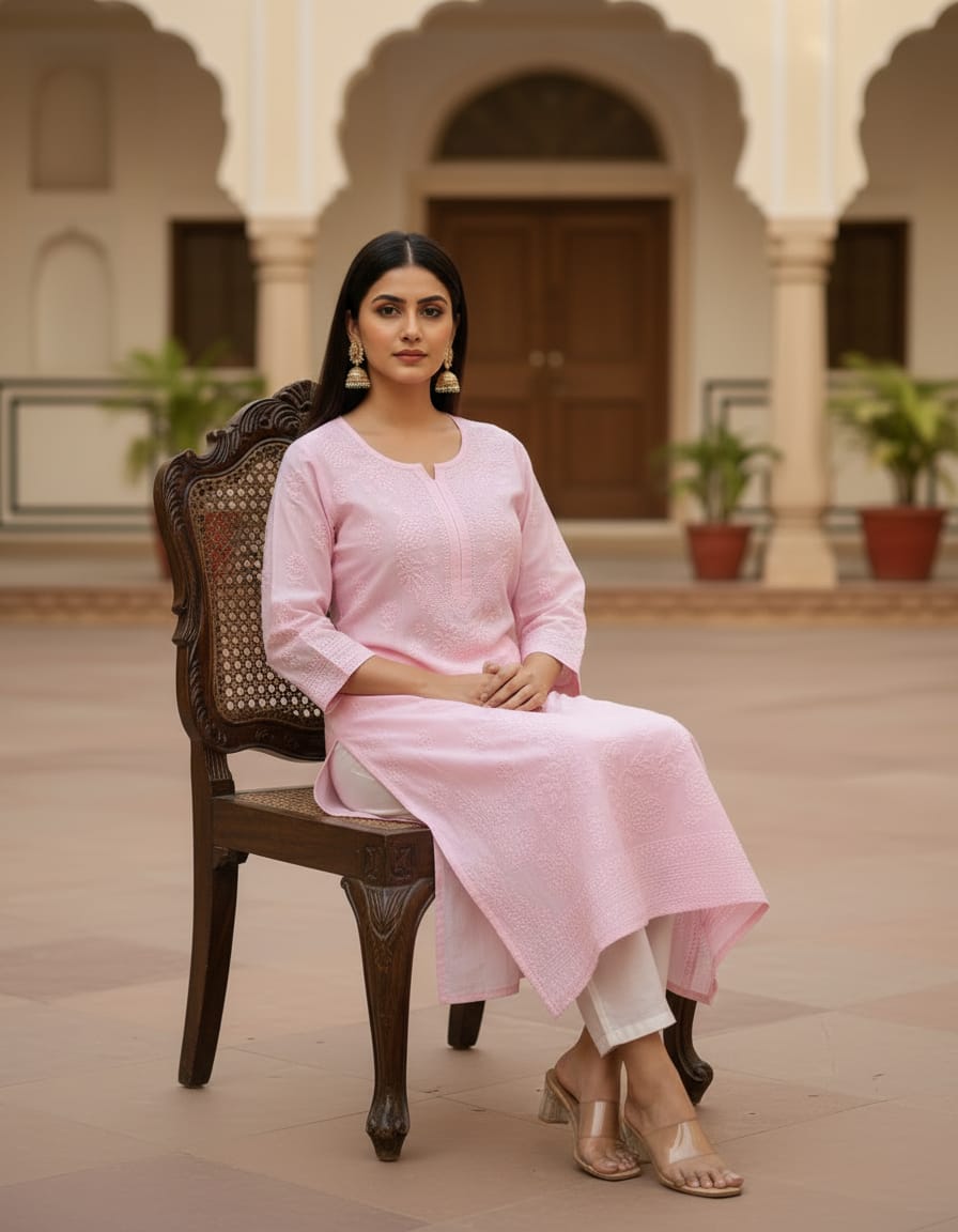 Baby Pink Muslin Chikankari 1 pc Kurti | Hand Embroidered