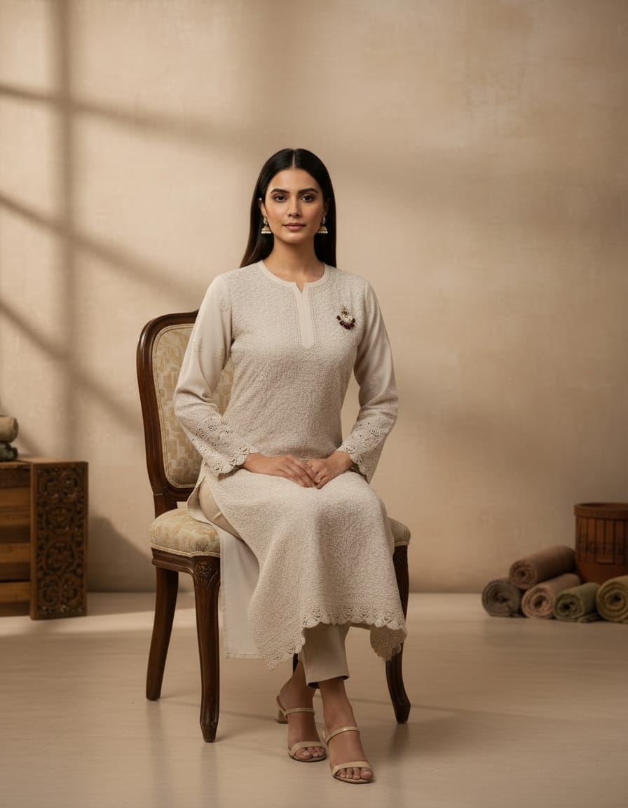 Light Taupe Georgette Jaal Chikankari Kurti 1pc | Handmade