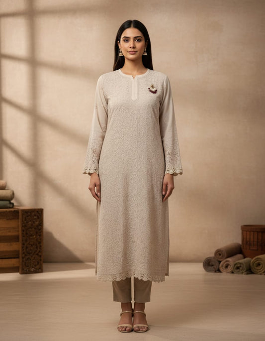 Light Taupe Georgette Jaal Chikankari Kurti 1pc | Handmade