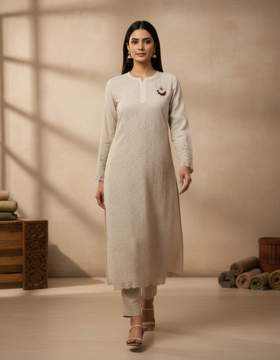 Light Taupe Georgette Jaal Chikankari Kurti 1pc | Handmade