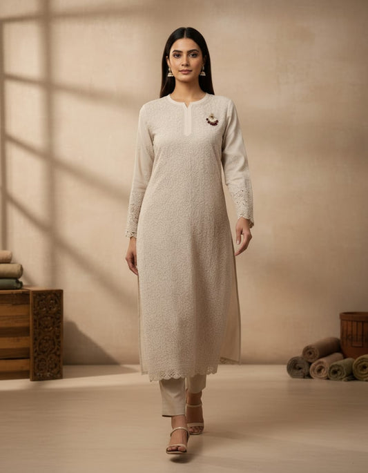 Light Taupe Georgette Jaal Chikankari Kurti 1pc | Handmade