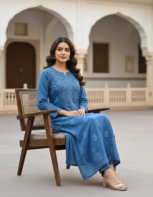 Blue Georgette Chikankari Kurti 1Pc| Hand Embroidered