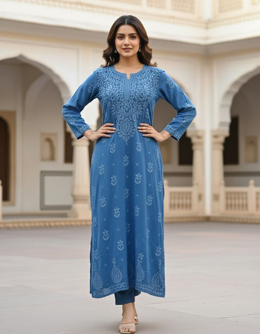 Blue Georgette Chikankari Kurti 1Pc| Hand Embroidered