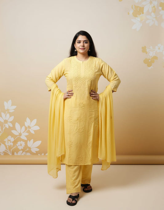 Mustard Yellow Chanderi Silk 3pc | Chikankari Handmade