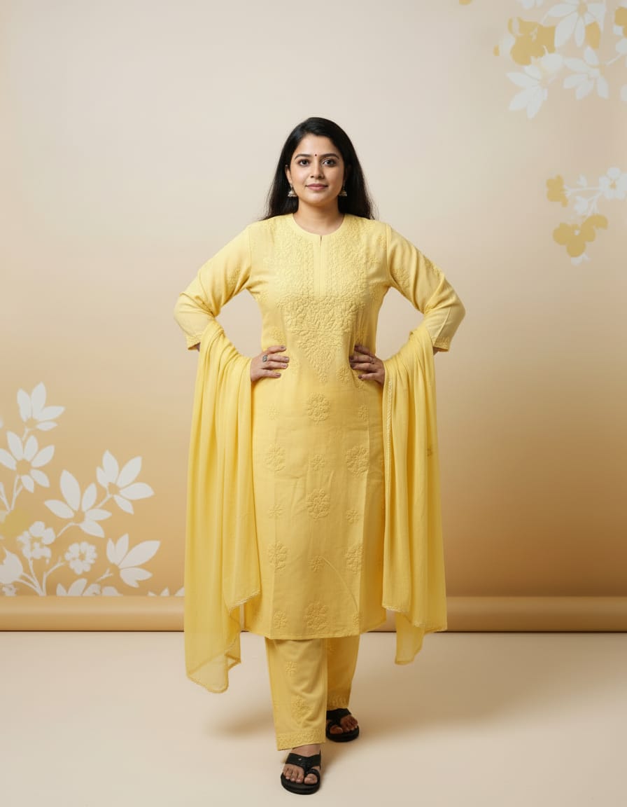 Mustard Yellow Chanderi Silk 3pc | Chikankari Handmade