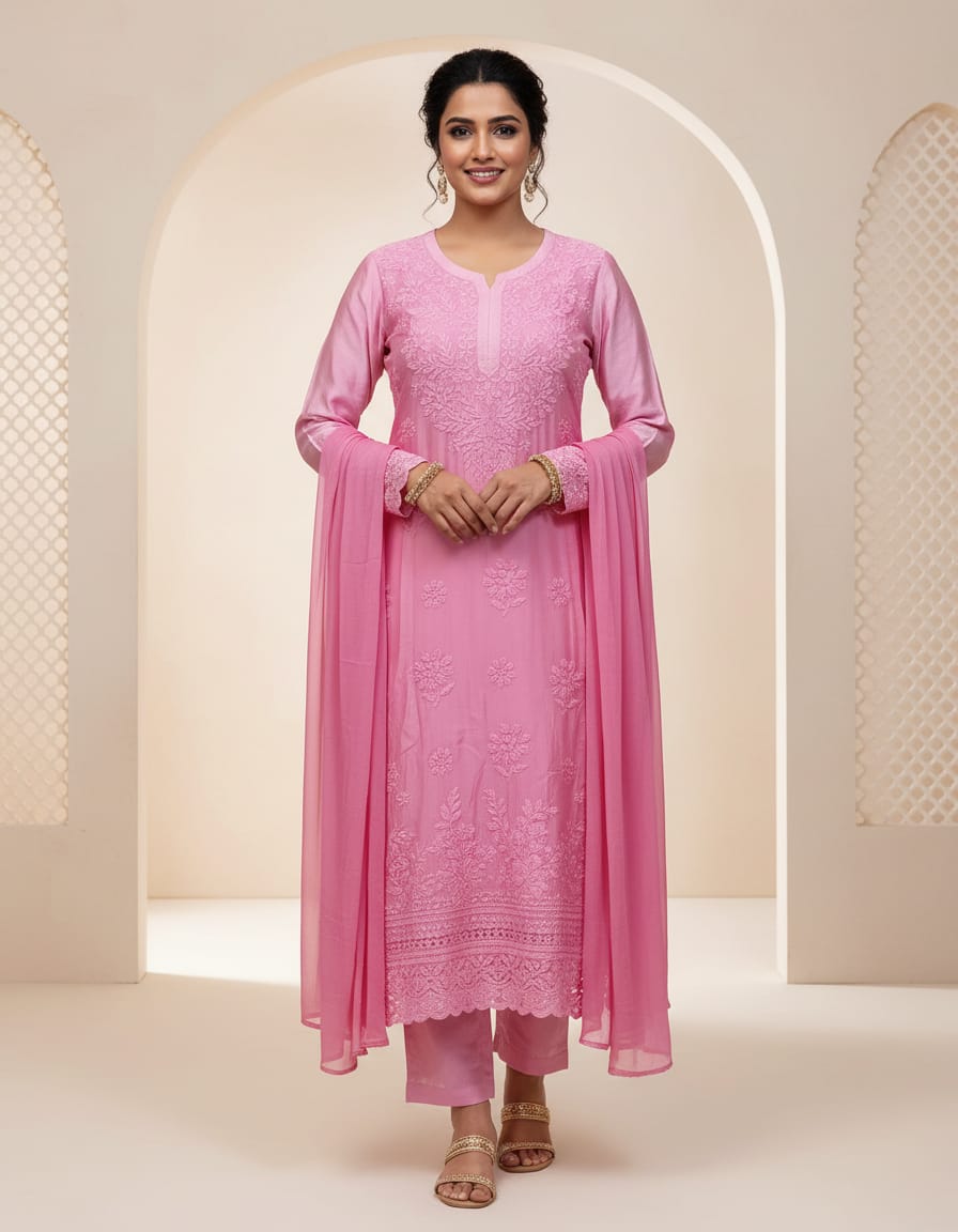 Baby Pink Chanderi Silk 3pc Set | Chikankari Handmade