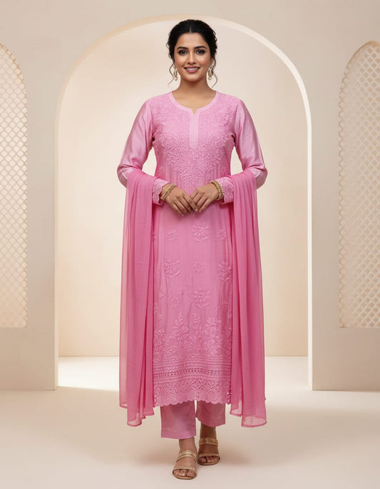 Baby Pink Chanderi Silk 3pc Set | Chikankari Handmade