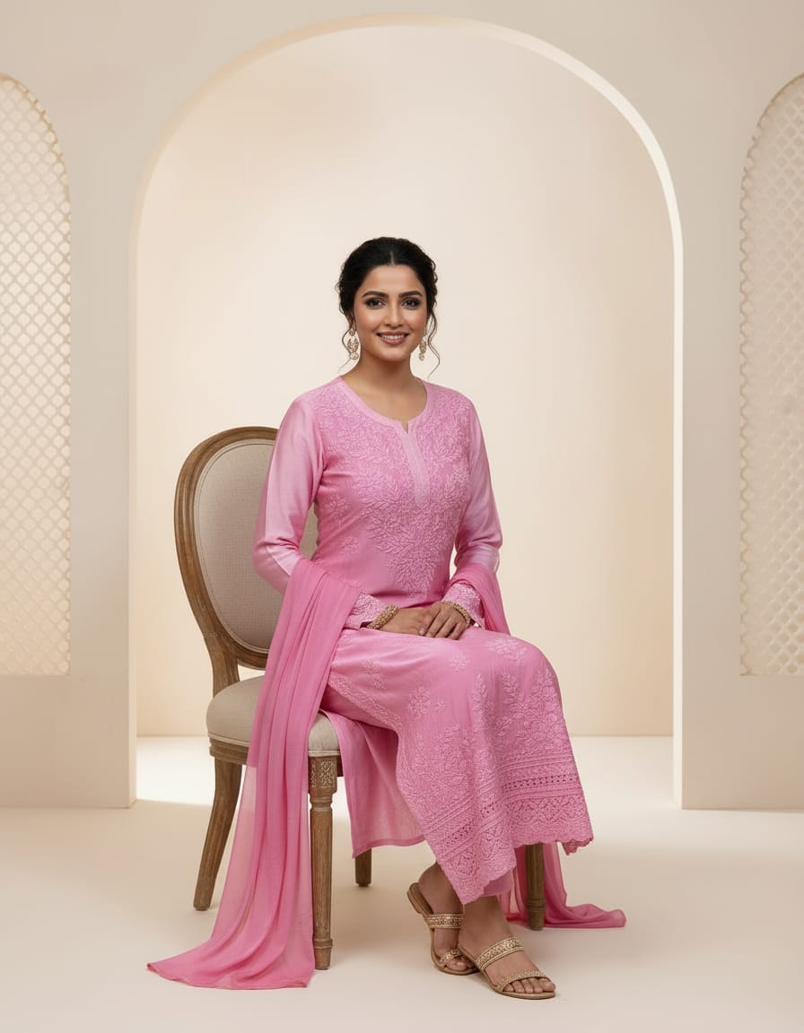 Baby Pink Chanderi Silk 3pc Set | Chikankari Handmade