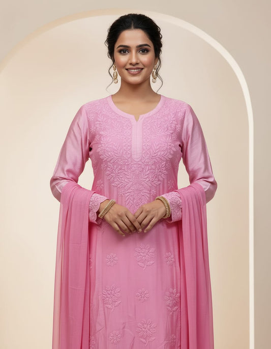 Baby Pink Chanderi Silk 3pc Set | Chikankari Handmade