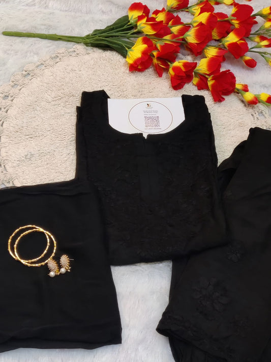 Black Chanderi Silk Chikankari Set 3pc