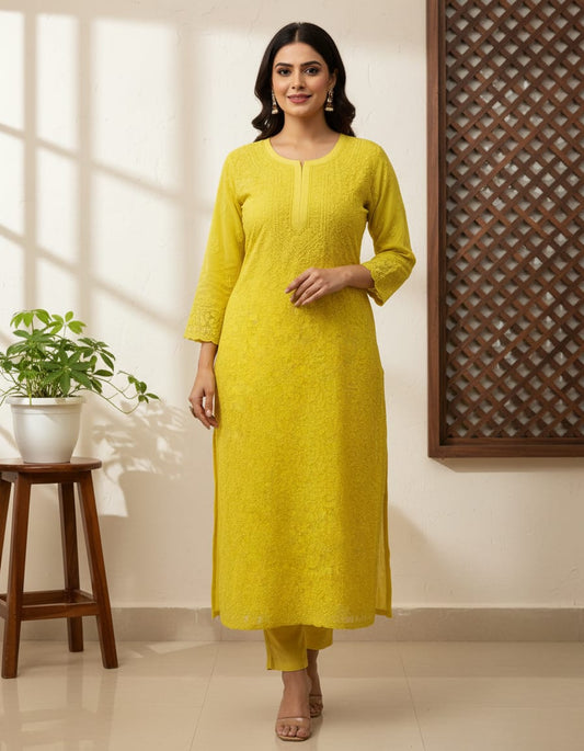 Mustard Yellow Georgette Jaal Chikankari 1pc | Handmade