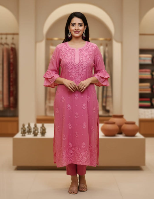 Pink Georgette Chikankari Kurti 1Pc| Hand Embroidered