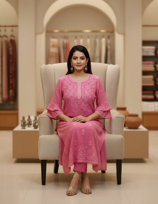 Pink Georgette Chikankari Kurti 1Pc| Hand Embroidered