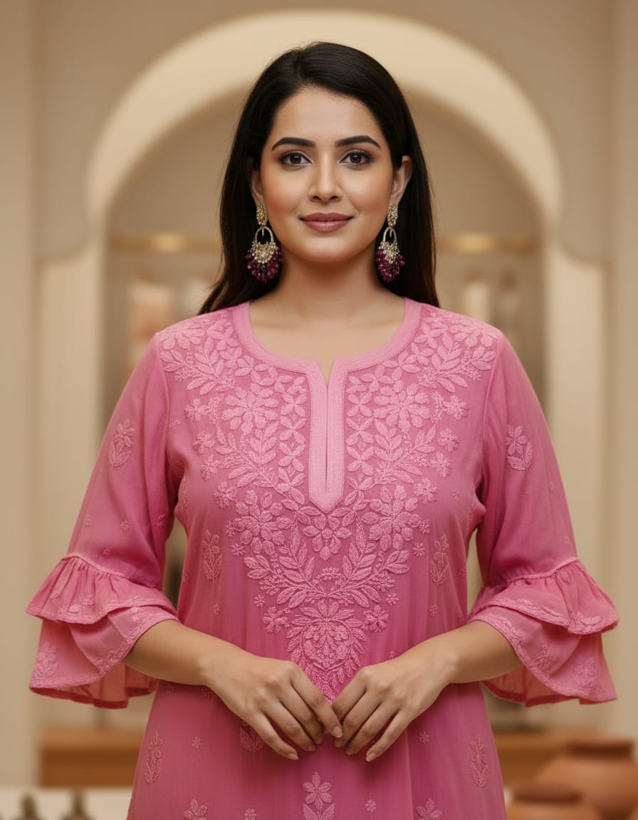 Pink Georgette Chikankari Kurti 1Pc| Hand Embroidered