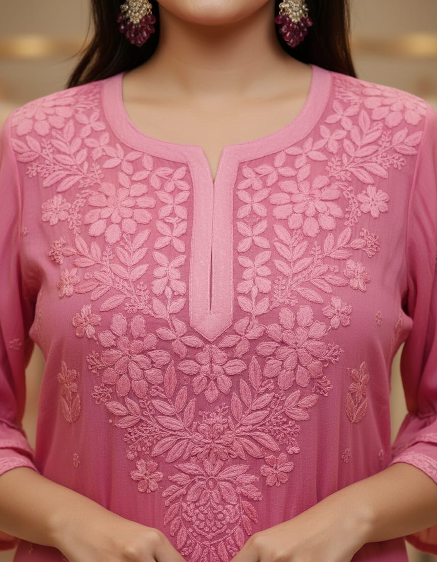 Pink Georgette Chikankari Kurti 1Pc| Hand Embroidered