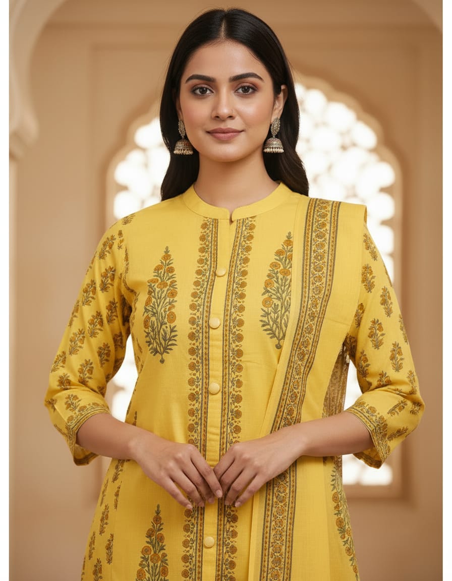 Yellow Traditional Paisley Sanganeri Block Print 3-Piece Set