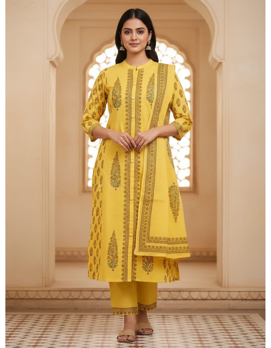 Yellow Traditional Paisley Sanganeri Block Print 3-Piece Set