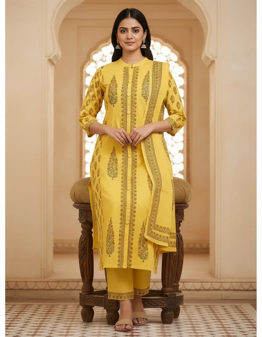 Yellow Traditional Paisley Sanganeri Block Print 3-Piece Set