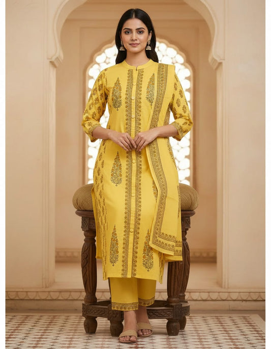 Yellow Traditional Paisley Sanganeri Block Print 3-Piece Set