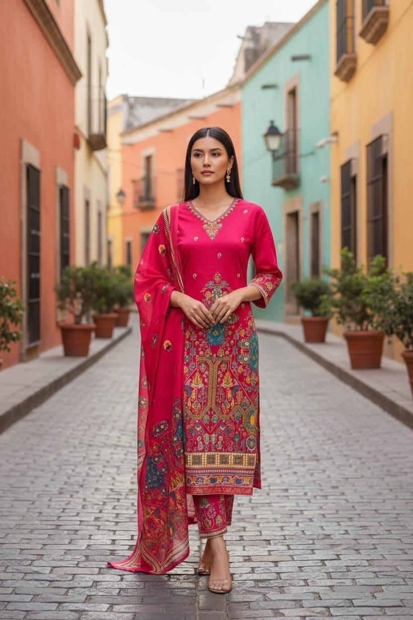 Hot Pink Traditional Multi-Color Block Print 3-Piece Set