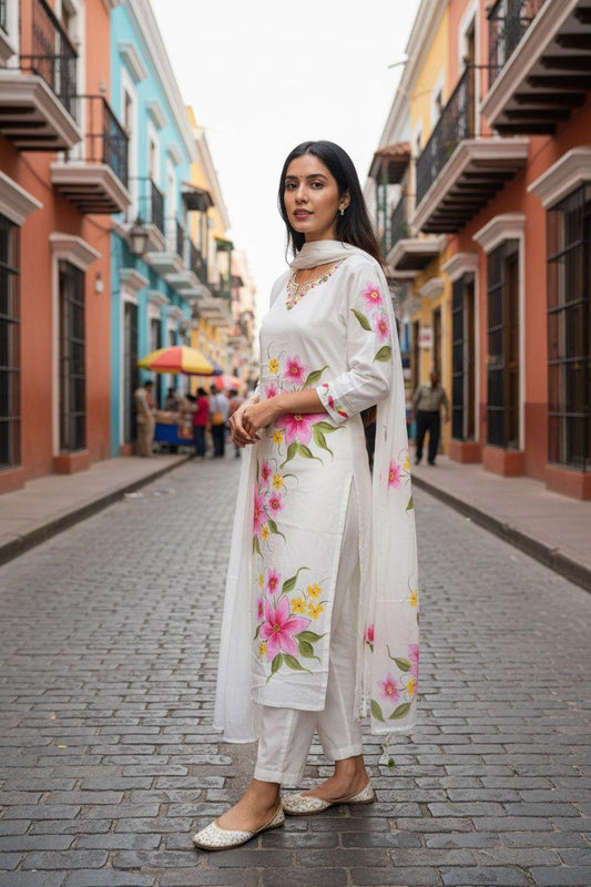 White Hand-Painted Floral 3-Piece Set