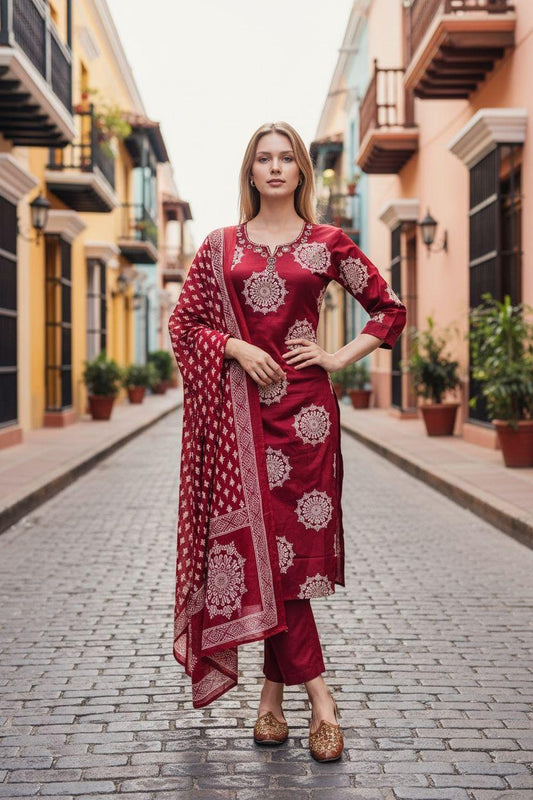 Maroon Medallion Sanganeri Block Print 3-Piece Set