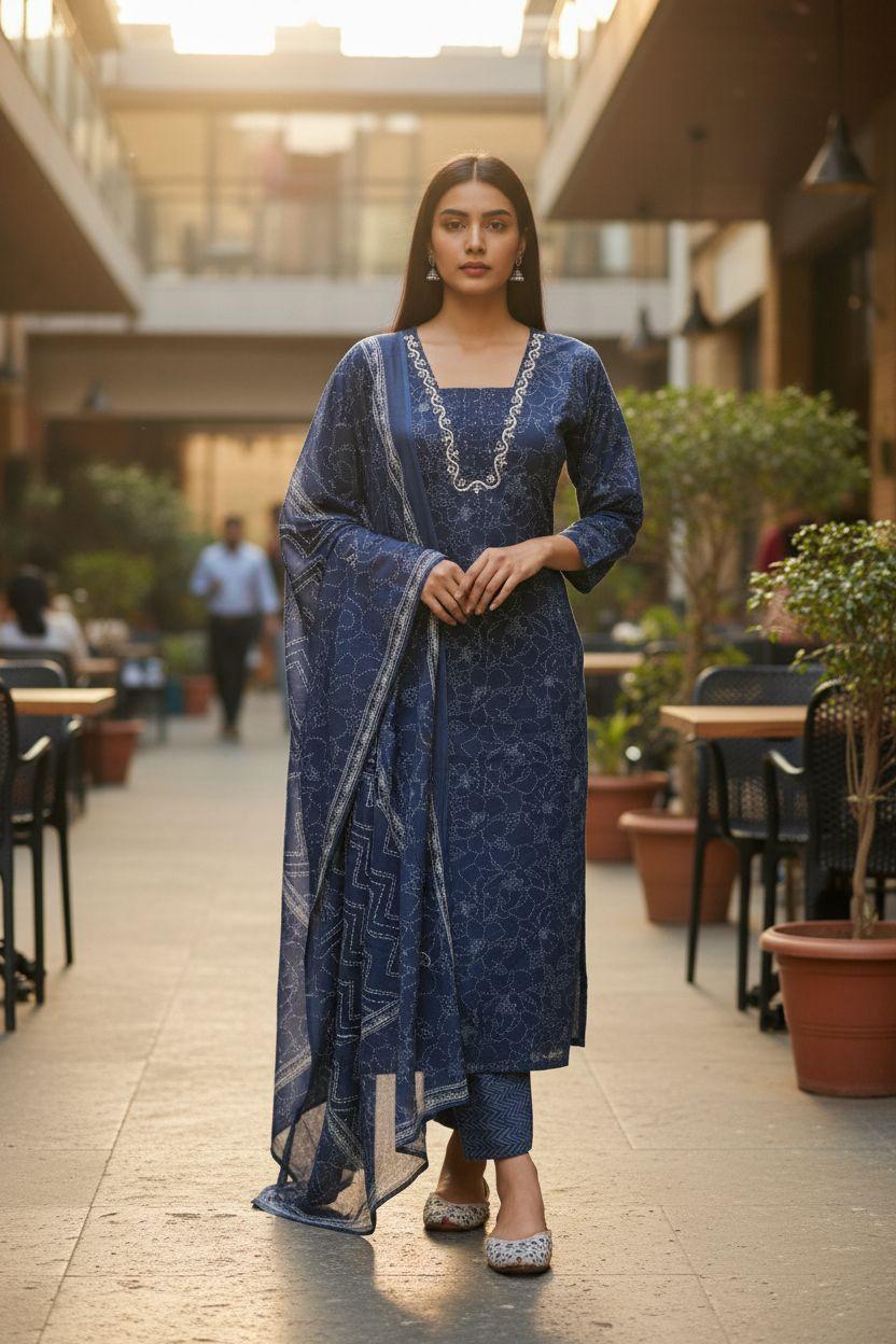 Navy Blue Traditional Block Print 3-Piece Set